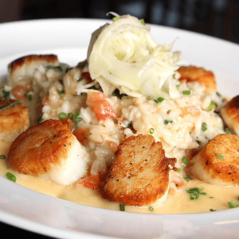 Seared Georges Bank Sea Scallops with lobster risotto